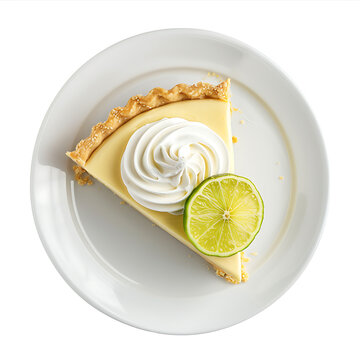 Slice of Key Lime Pie with Whipped Cream and Lime Garnish on a White Plate