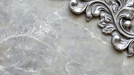 Ornate silver trim on light gray marble