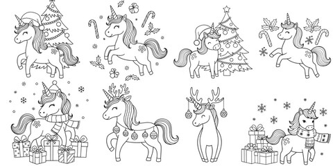 Obraz premium Cute Christmas Unicorn Vector Set – Black and White Hand-Drawn Line Art Illustrations with Santa Hats, Candy Canes, Presents, and Festive Winter Elements on Clean White Background (1)