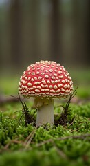 Close-up of a vibrant red mushroom with white spots.