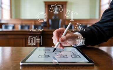 Legal Technology Concept Lawyer Using Tablet with Digital Icons Related to Law and Justice