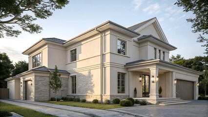 Modern minimalist house design featuring sharp linear geometry, soft beige and stone-gray palette, bathed in warm natural daylight with subtle shadows across the facade.