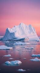 Majestic iceberg at sunrise over a tranquil icy sea.