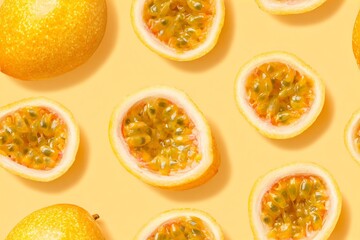 Passion fruit seamless pattern. Half and whole passion fruit on yellow background. Food concept for juice, poster, card.