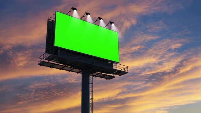 Large empty advertising billboard with bright green screen placed against a stunning sunset sky symbolizes marketing space, commercial design, branding opportunities, and futuristic outdoor promotion.