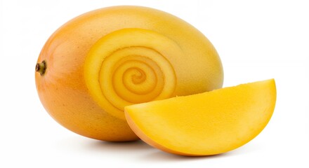Whole and sliced mango closeup