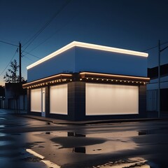 Obraz premium Photo of a nighttime street scene with a small store featuring a blank white facade illuminated by warm LED exterior lights, casting realistic shadows and reflections.
