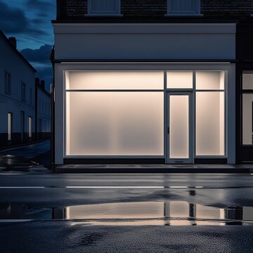A photo of a nighttime street scene with a small store featuring a blank white facade illuminated by warm LED exterior lights, casting realistic shadows and reflections.