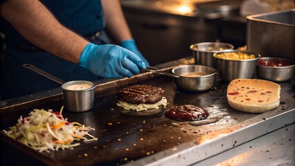 Chef preparing burgers on a griddle with toppings and coleslaw