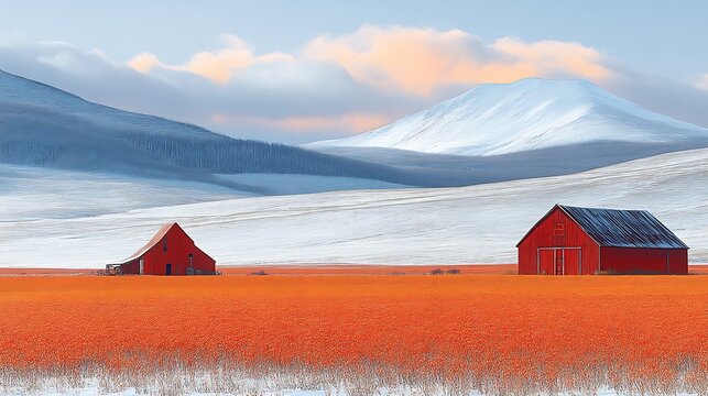 Winter landscape with red barns