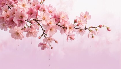 Fototapeta premium Delicate pink, peach blossoms cascade softly, creating feminine floral composition. Pastel colors with watercolor effect suggest spring beauty, romance. Gentle petals with dew drops add dreamy,