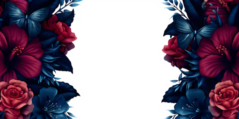 elegant floral banner or frame with butterflies isolated on white background, png, ai generated.