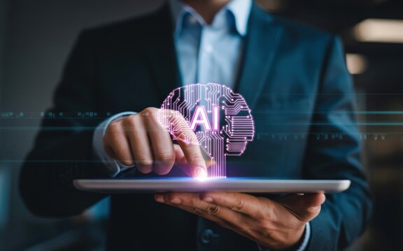 Businessman using a tablet to interact with a holographic AI brain, showcasing artificial intelligence and modern technology in business.