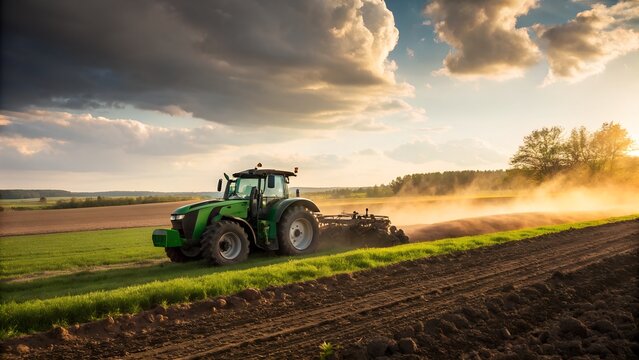 Fototapeta Green tractor plowing a field at sunset with dramatic clouds