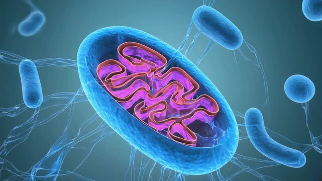 Close-up digital medical model of mitochondria surrounded by cellular elements, showing internal structure and energy-processing folds, visualizing biology education and genetic science research.