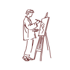 Line drawing of an artist painting on an easel with a brush and palette in a minimalist style art