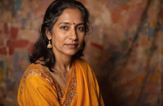 Indian woman in 40s radiates joy, contentment. Traditional attire, yellow sari with intricate patterns, complements happy, smiling expression. Wears golden jhumka earrings, adding touch of cultural - Powered by Adobe