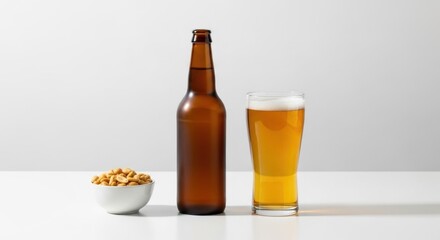 Brown bottle and glass of beer with bowl of peanuts on white table. Celebrate International Beer Day with snack.