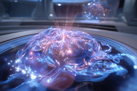 Glowing brain hologram in futuristic setting