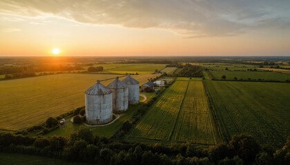 Aerial view of agricultural landscape at sunset with grain silos, cultivated fields. Green, gold colors dominate scenery under warm sky. Tranquil rural setting highlights farming industry, harvest,