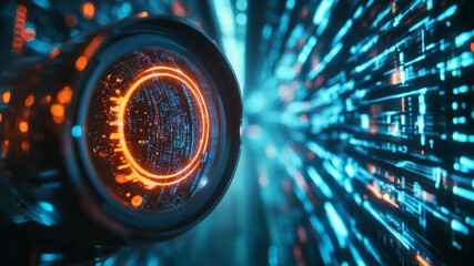 High-tech close-up of a glowing futuristic lens scanning streams of digital data inside a vibrant neon network tunnel, representing artificial intelligence, cybersecurity, virtual surveillance systems - Powered by Adobe