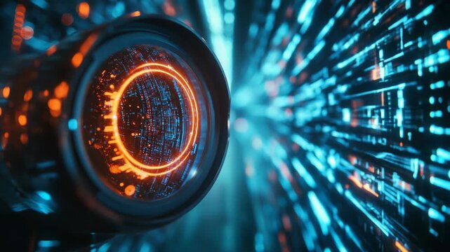 High-tech close-up of a glowing futuristic lens scanning streams of digital data inside a vibrant neon network tunnel, representing artificial intelligence, cybersecurity, virtual surveillance systems