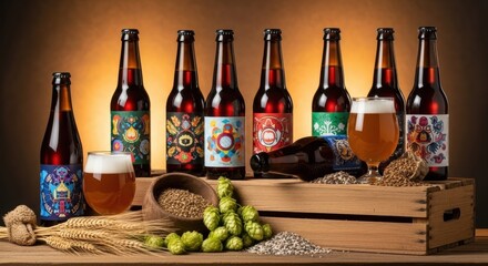 Assorted craft beer bottles and glasses with brewing ingredients on a wooden crate. World Beer Day celebration.
