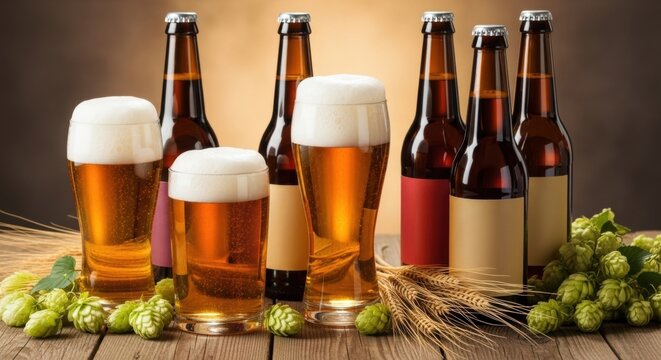 Three glasses of frothy beer and multiple bottles with hops and wheat on a rustic wooden table. World Beer Day celebration.