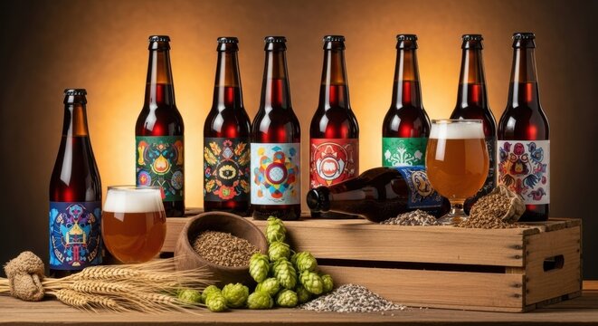 Assorted craft beer bottles and glasses with brewing ingredients on a wooden crate. World Beer Day celebration.