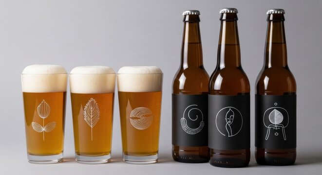 Three glasses of frothy beer and three bottles with black labels with minimalist drawings. World beer day concept.
