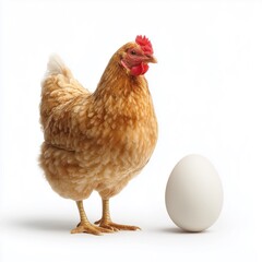 Fototapeta premium Hen standing next to egg isolated on white background