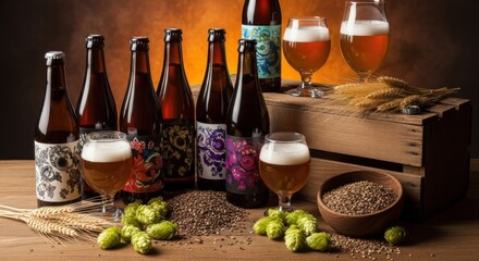 Assortment of beer bottles with unique labels, two full glasses, and raw ingredients on a rustic wooden table. World beer day concept.