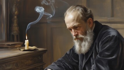 Elderly bearded man writing by candlelight in study