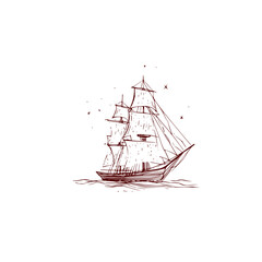 Illustration of a tall ship sailing on the water with stars scattered around it in a simple line drawing