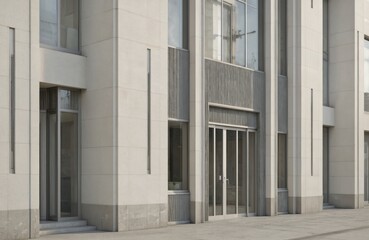 Minimalist Art Deco building exterior features clean stone surfaces, sleek glass windows, and metallic ornamental details. Contemporary urban architecture with elegant facades.