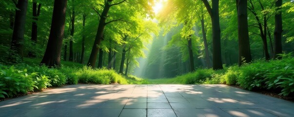 Fototapeta premium Empty square floor tiles contrast vividly against lush green forest backdrop, texture, greenery