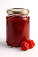 Jar of delicious raspberry jam with fresh raspberries