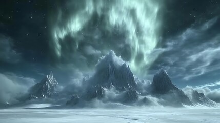 Majestic mountains under a vibrant aurora borealis