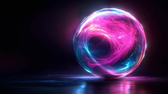 Futuristic neon energy sphere glowing with vibrant swirling colors, resting on reflective surface, symbolizing sci-fi digital technology, abstract innovation, or creative glowing power concept