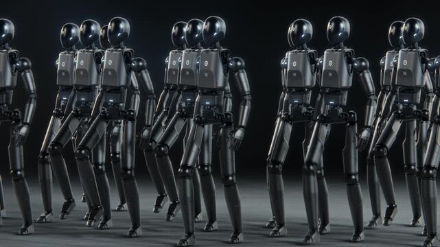Visualization of Army of Advanced Humanoid Robots Marching Together Synchronously Across Dark Futuristic Space. Artificial Intelligence, Robotics and Cybernetics Concept. Visual Effects Animation.