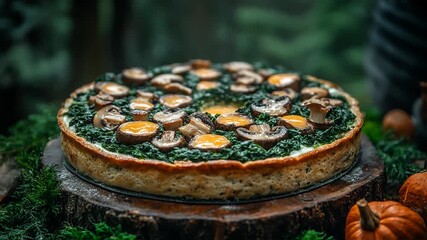 Gourmet mushroom and egg tart preparation showcasing culinary artistry and seasonal flavors - Powered by Adobe