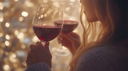 Woman enjoying wine by a lit Christmas tree