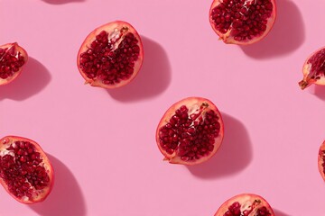 Cut pomegranate halves with bright red seeds arranged in a food seamless pattern on a pink background.