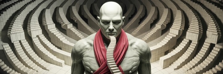 Bald figure meditating in spiral labyrinth