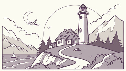 Fototapeta premium Illustration of a serene coastal lighthouse scene.