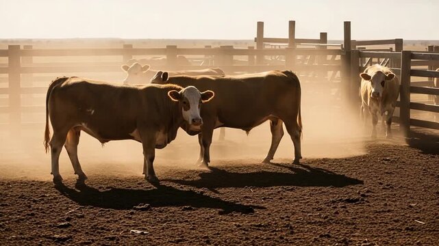 Golden Hour Sunlight Illuminates Brown Cattle Within Wooden Fenced Corral Creating Dusty Atmospheric Scene