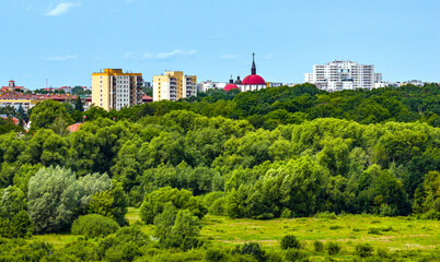 Panoramic view of Ursynow residential district with Skarpa Ursynowska escarpment seen from eastern perspective of Vistula river and Wilanow of Warsaw in Poland