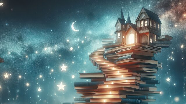 Fantasy house on a stack of glowing books under a starry sky concept of uniqueness  