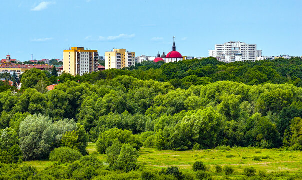 Panoramic view of Ursynow residential district with Skarpa Ursynowska escarpment seen from eastern perspective of Vistula river and Wilanow of Warsaw in Poland
