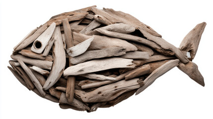 Driftwood pieces are artfully arranged to form the shape of a fish, showcasing natural textures and organic design on a white background.